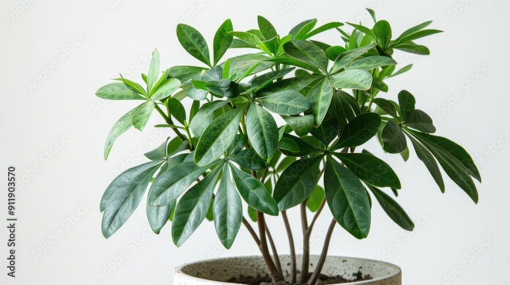 Fresh Greenery: Isolated Young Schefflera Houseplant in White Pot Fresh Greenery: Isolated Young Schefflera Houseplant in White Pot