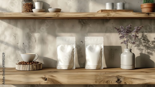 Wallpaper Mural White Packaging on Rustic Table. Generate AI image Torontodigital.ca