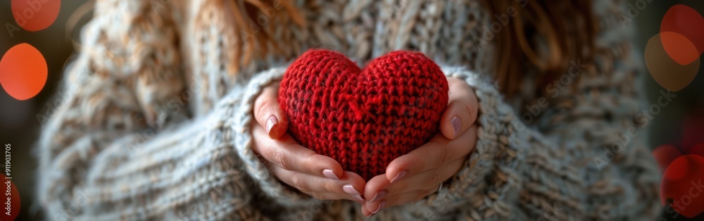 Knitted Heart Valentine: Closeup of Girl's Hands Holding Red Heart for Greeting Card Background Knitted Heart Valentine: Closeup of Girl's Hands Holding Red Heart for Greeting Card Background