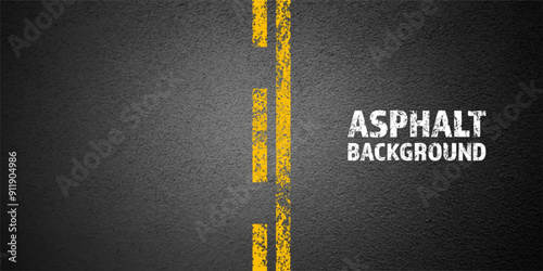 Asphalt road with yellow cracked lane marking, concrete highway surface, texture. Street traffic line, road dividing strip. Pattern with grainy structure, grunge stone background. Vector illustration