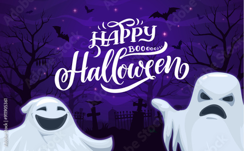 Halloween ghosts on cemetery. Vector party banner with cartoon spooks saying boo at holiday night background with graveyard landscape, tomb silhouettes, spooky flying bats, ravens and creepy trees