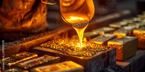 The process of molten gold being carefully poured into a mold at a foundry, capturing the creation of a gold bar.