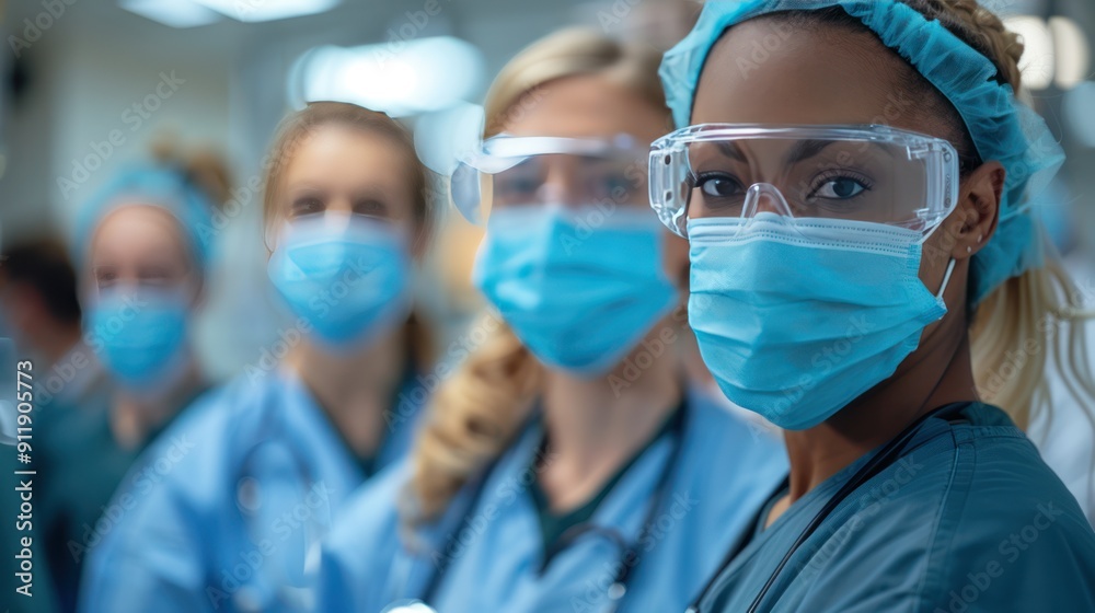 Collaborative Medical Team in Protective Masks Working Together in Hospital Setting Collaborative Medical Team in Protective Masks Working Together in Hospital Setting