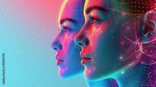 Rainbowhued abstract faces in futuristic setting, side view, emphasizing holographic creativity, technology tone, Monochromatic Color Scheme photo