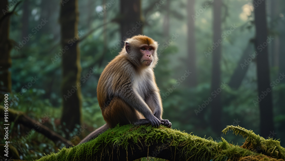 Naklejka premium a monkey is sitting on a mossy tree in the morning