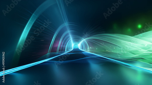 Abstract blue and green wave background with stars and light. Data transfer concept Science style wallpaper. Ai generative