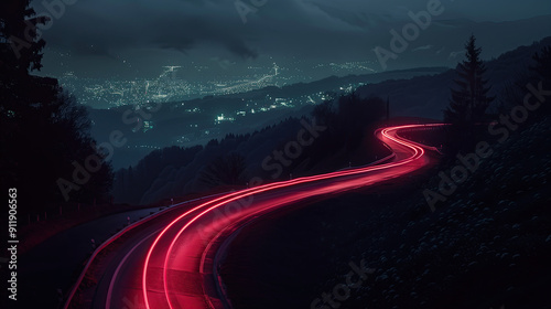 Car brake taillights light trail blur winding around a curvy mountain road scenic timelapse 
