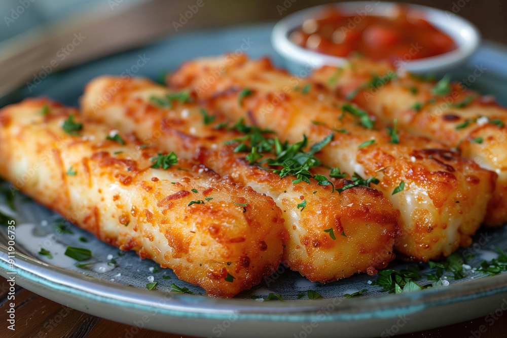 fresh delicious mozzarella cheese sticks with side of sauce for ad display fresh delicious mozzarella cheese sticks with side of sauce for ad display