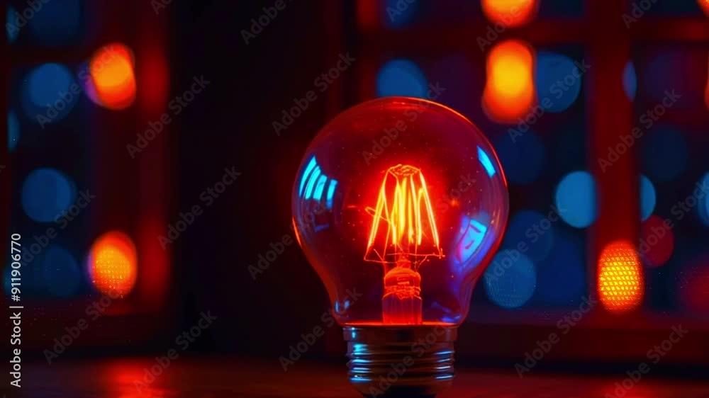 Glowing Light Bulb with Red and Blue Bokeh.