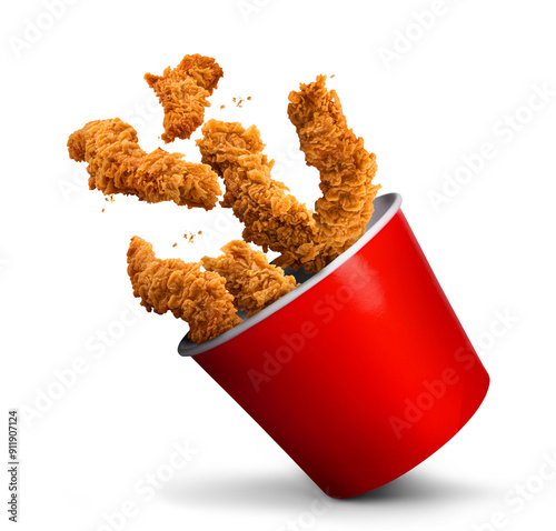 Fried Chicken hot crispy strips crunchy pieces of tenders in a Bucket - large Red box isolated in white background	
 photo