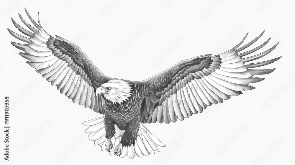 Black and white image of a bald eagle with wings spread. Black and white image of a bald eagle with wings spread.