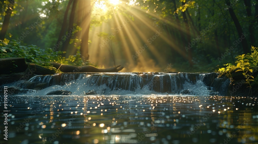Fototapeta premium A beautiful waterfall in a forest, illuminated by golden sunlight rays.