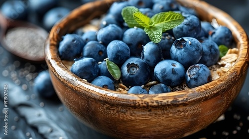 Wallpaper Mural A bowl of blueberries with a green leaf on top Torontodigital.ca