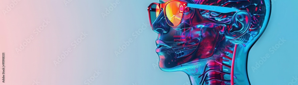 Obraz premium Illustrate seethrough holographic component, side view, colorful anatomical detail, technology tone, monochromatic color scheme