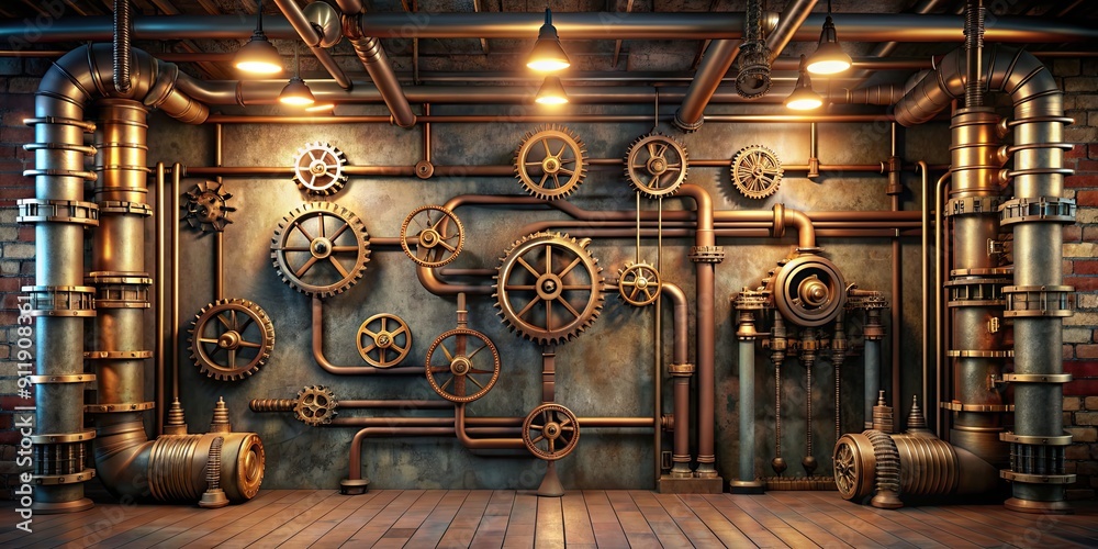 Naklejka premium Industrial steampunk interior background with exposed pipes and gears, steam, punk, vintage, retro, industrial, metal