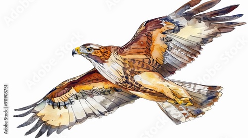 Fototapeta Naklejka Na Ścianę i Meble -  Watercolor painting of a hawk flying gracefully in the air.