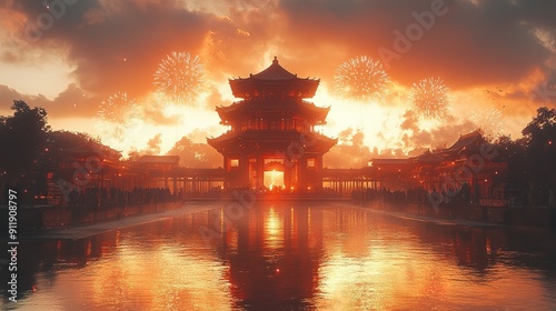 A Chinese Pagoda Silhouetted Against a Sunset Sky with Fireworks