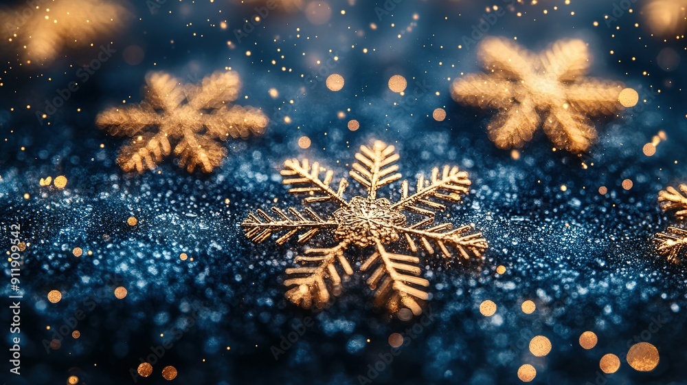 Golden Snowflake on Blue Glitter Background with Bokeh Lights Golden Snowflake on Blue Glitter Background with Bokeh Lights
