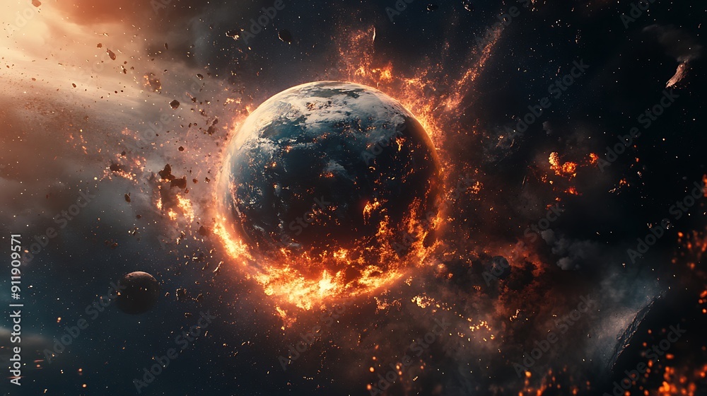 Burning planet Earth in space, surrounded by fire and debris. Burning planet Earth in space, surrounded by fire and debris.