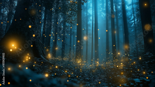 Magical night sky, the glowing blue light filters through the trees, creating a fantasy forest scene bathed in ethereal illumination. magical, fantasy, night, light, glowing, nature, background, tree.