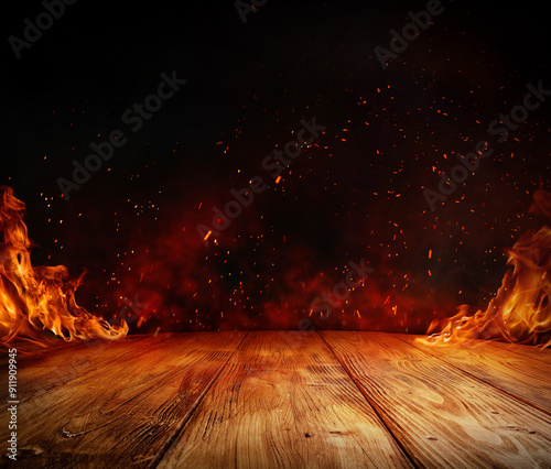 wooden table with Fire burning at the edge of the table, fire particles, sparks, and smoke in the air, with fire flames on a dark background to display products	and spicy foods