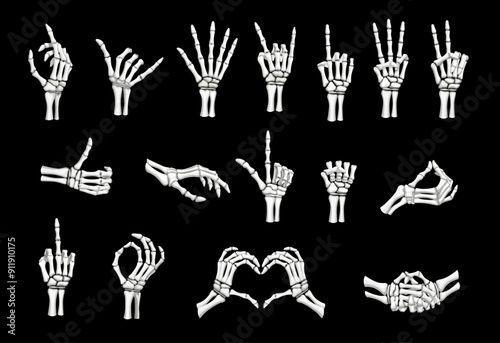 Skeleton hand gestures. Vector Halloween human skull finger bones showing peace, rock, ok, heart and love signs. Index finger pointing up, shaka, thumb up, fist, handshake and high five hand gestures