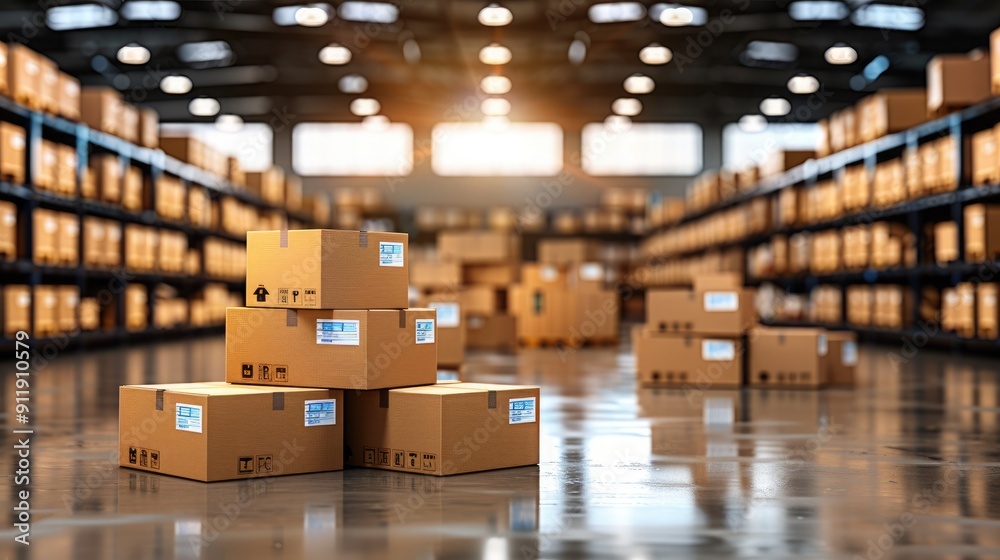 Warehouse with stacks of cardboard boxes, ready for delivery. Rows of shelves in the background illuminated by sunlight. Warehouse with stacks of cardboard boxes, ready for delivery. Rows of shelves in the background illuminated by sunlight.