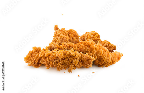 Fried Chicken breast hot crispy strips crunchy chicken tenders four pieces isolated on white background