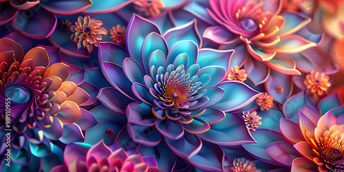 Vibrant 3D flower wallpaper on a futuristic 3D background, ideal for wall art and home decor, showcasing stunning 3D illustration with intricate floral designs.