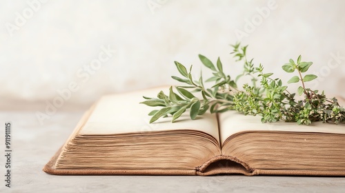 A collection of pressed herbs in an oldfashioned herbarium book photo