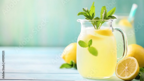 A refreshing mint lemonade in a glass pitcher, with mint sprigs for garnish