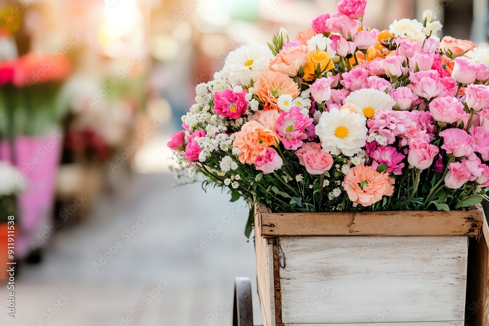 Obraz premium A wooden cart filled with fresh flowers, parked in a market square
