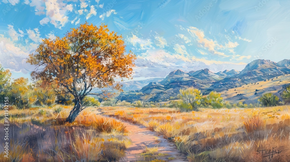 Fototapeta premium Vibrant tree in a sunny meadow with mountain backdrop