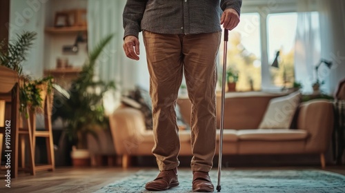 Man with a cane standing in a living room