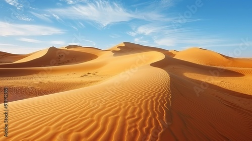 Sweeping sand dunes under clear blue sky in daylight