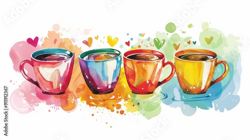 Four colorful vibrant coffee mugs with splash of colors