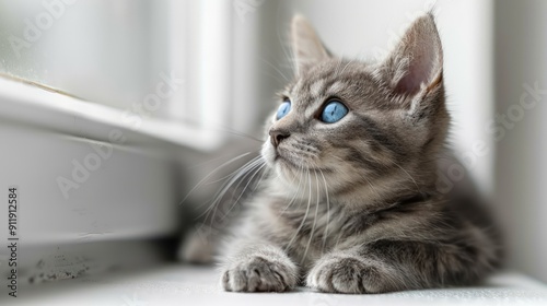 Wallpaper Mural A tabby kitten with bright blue eyes looking upwards with a curious expression. Torontodigital.ca