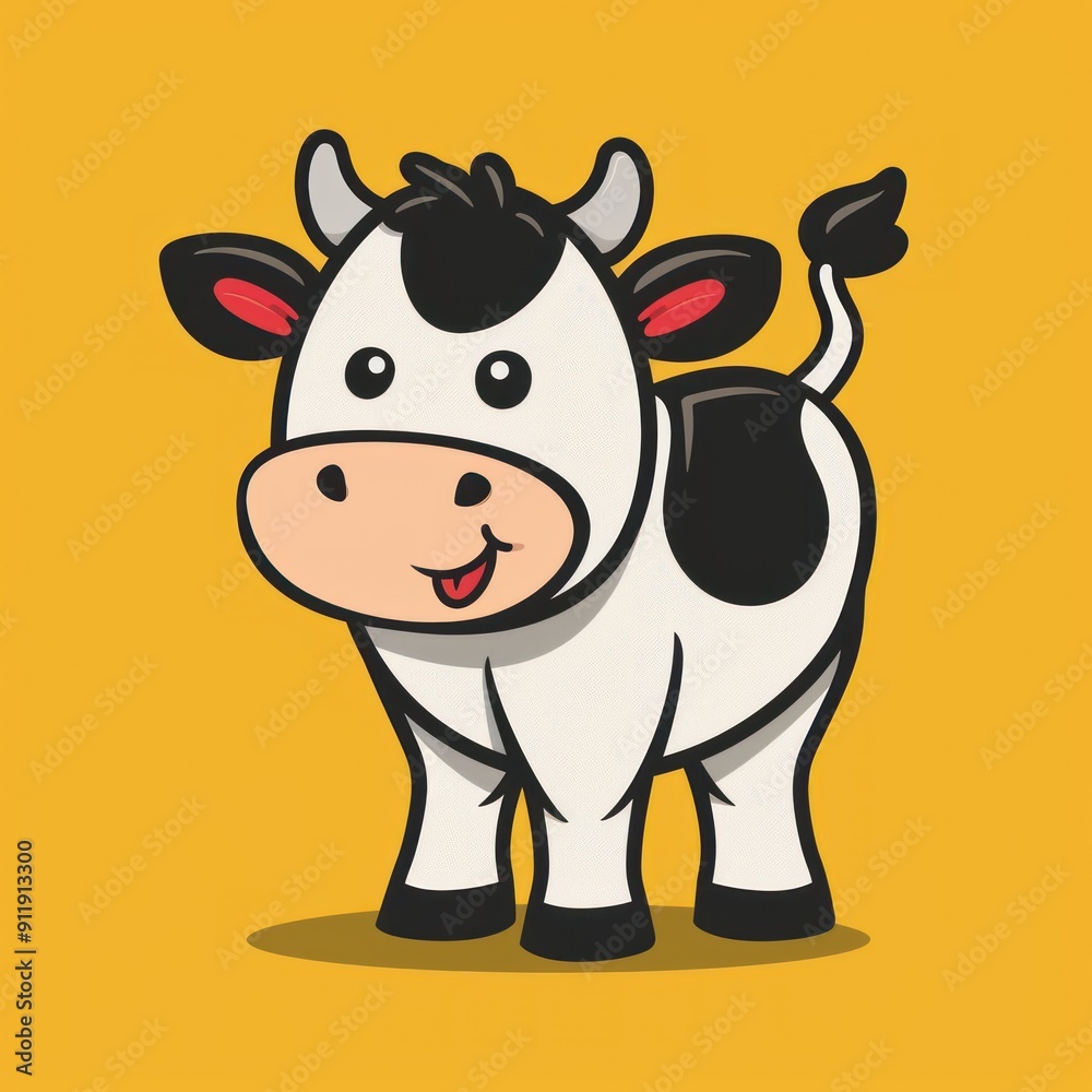 Fototapeta premium Cute cartoon cow with black and white spots on a yellow background.