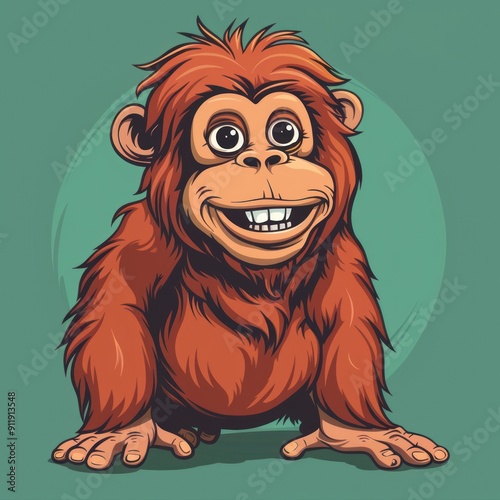 A cartoon orangutan with a big smile, sitting on its haunches. photo