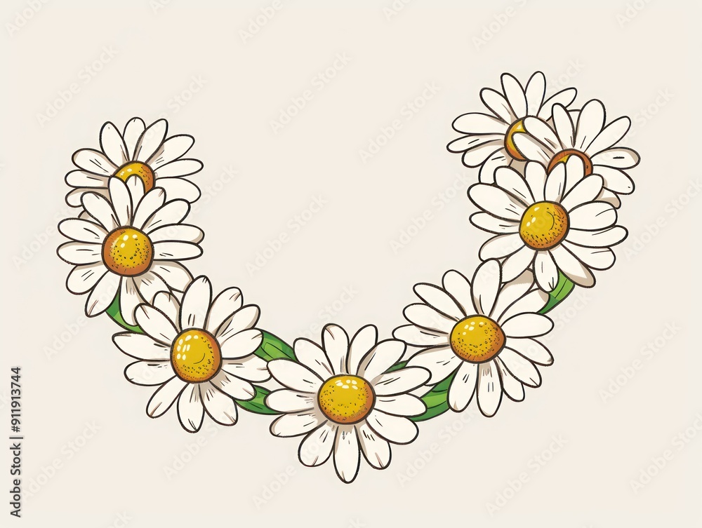 Fototapeta premium Hand-drawn daisy flowers in a U-shape with a blank space for text.