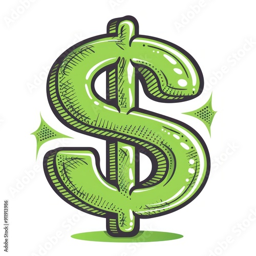 Hand-drawn green dollar sign with black outline and sparkles.