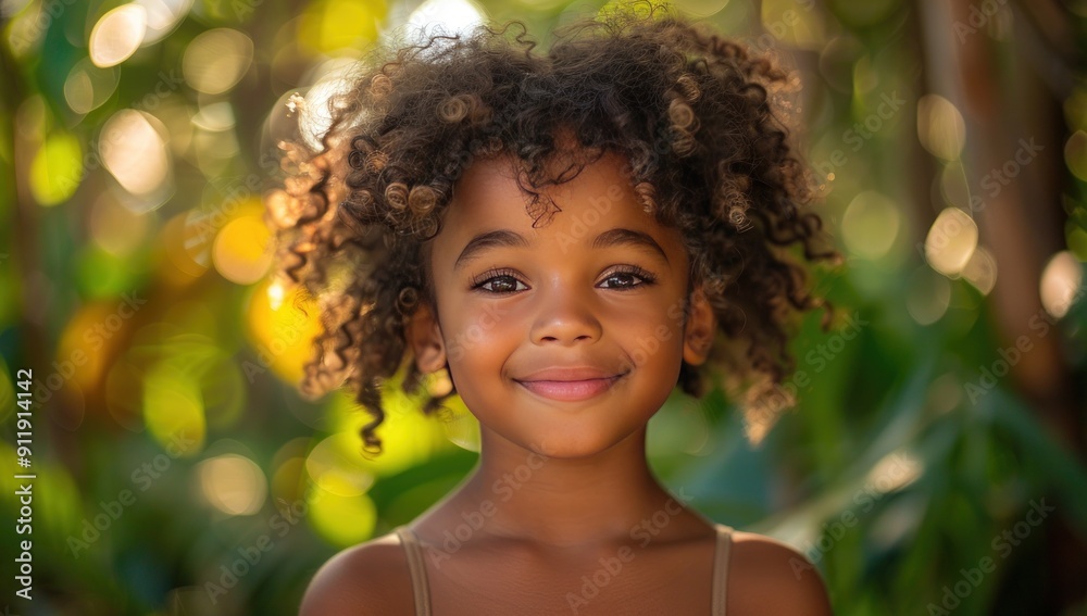 A young girl with curly hair smiles brightly as the sun shines through her hair. A young girl with curly hair smiles brightly as the sun shines through her hair.