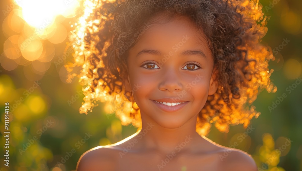 Fototapeta premium A young girl with curly hair smiles brightly as the sun shines through her hair.