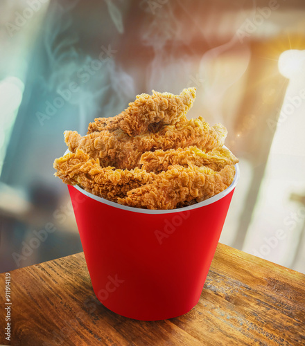 Fried Chicken hot crispy strips crunchy pieces of tenders in a Bucket - a large Red box on the table in the restaurant	
