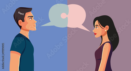 Couple Communicating with Puzzle Speech Bubbles Illustration. Flirting man and woman talking with each other completing their sentences 
