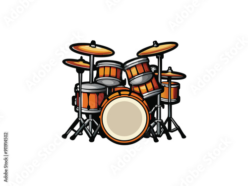 A cartoon illustration of a drum set with a bass drum, snare, toms, and cymbals.