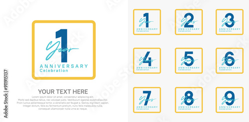 anniversary set logo style with blue and yellow color in square for company celebration moment