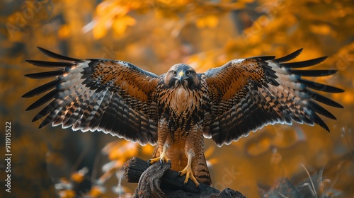 Hawk with its wings wide open on a tree trunk