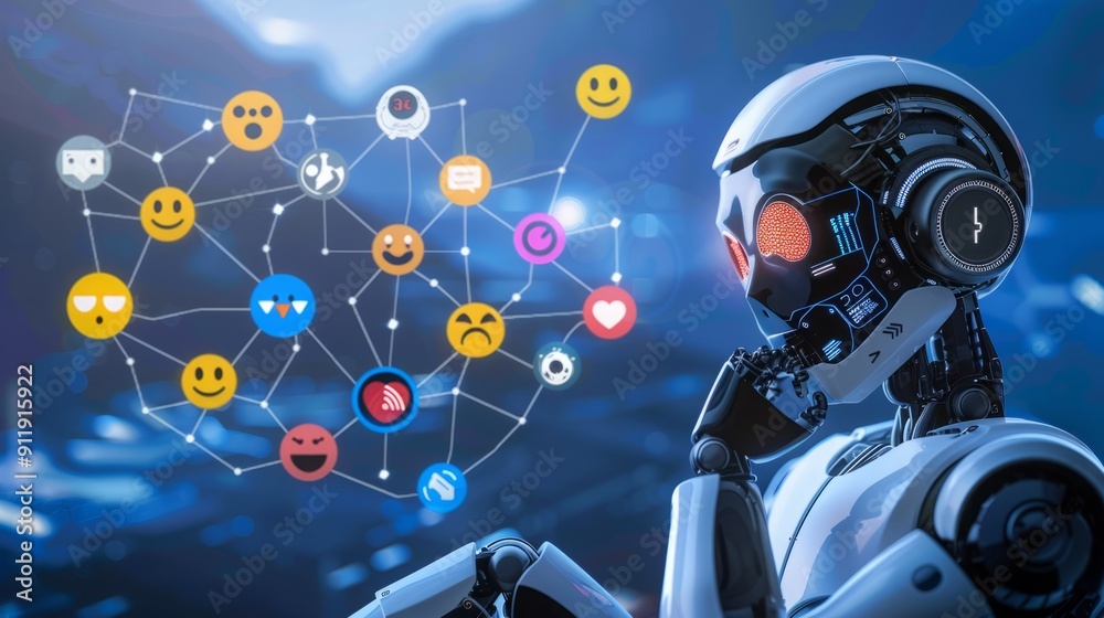 A white robot with glowing red eyes contemplates a network of social media icons. A white robot with glowing red eyes contemplates a network of social media icons.