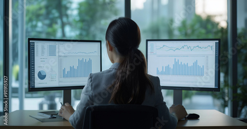 A business woman sits at her desk in an office, using two monitors to view and display graphs and data analytics on both screens, creating charts for company performance.